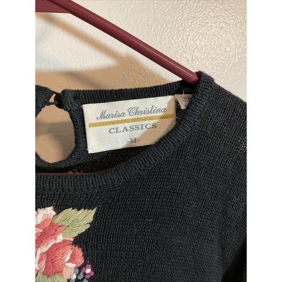 Marisa Christina Classics Women’s M Black Short Sleeve Sweater Vintage Art - Picture 3 of 10
